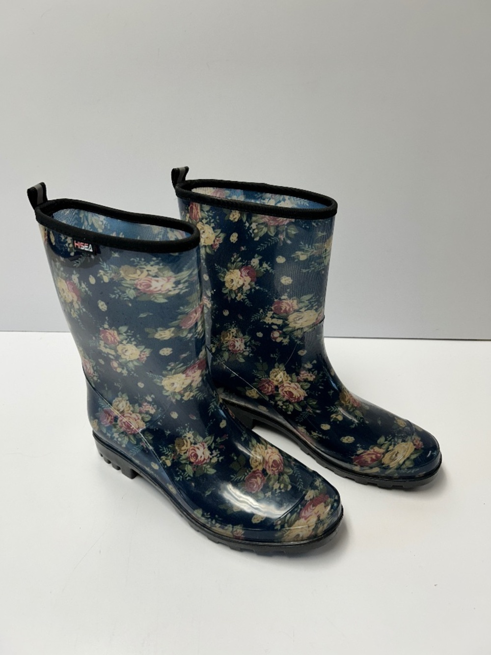 Womens Hisea Blue Flowered Rain Boots Size 9 Removeable Footbed